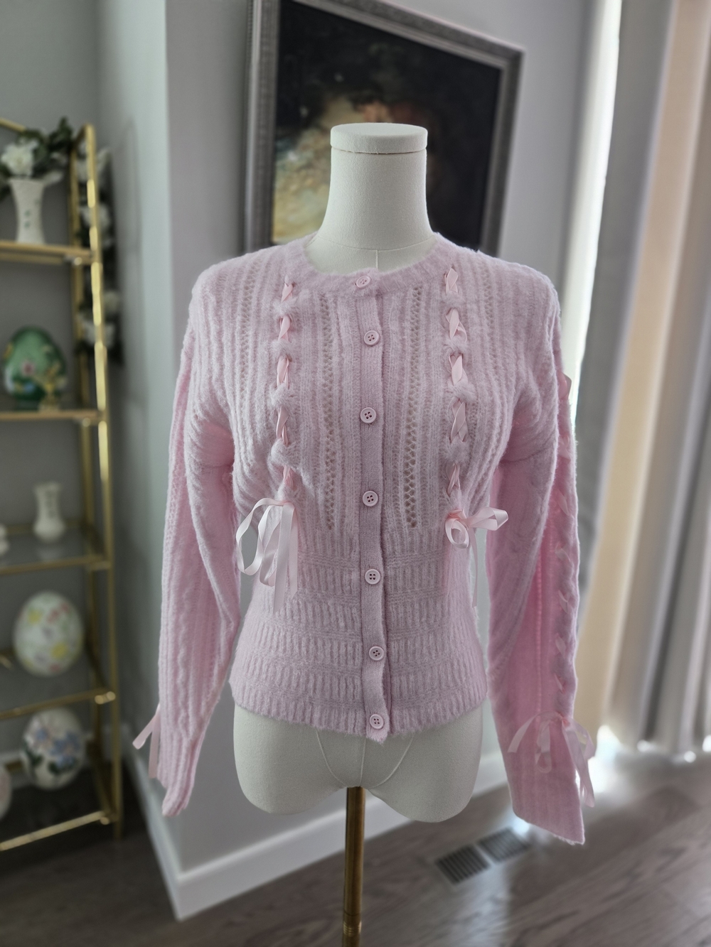 MAJORELLE NWOT Pale Pink Ribbon-Detail Knit Cardigan